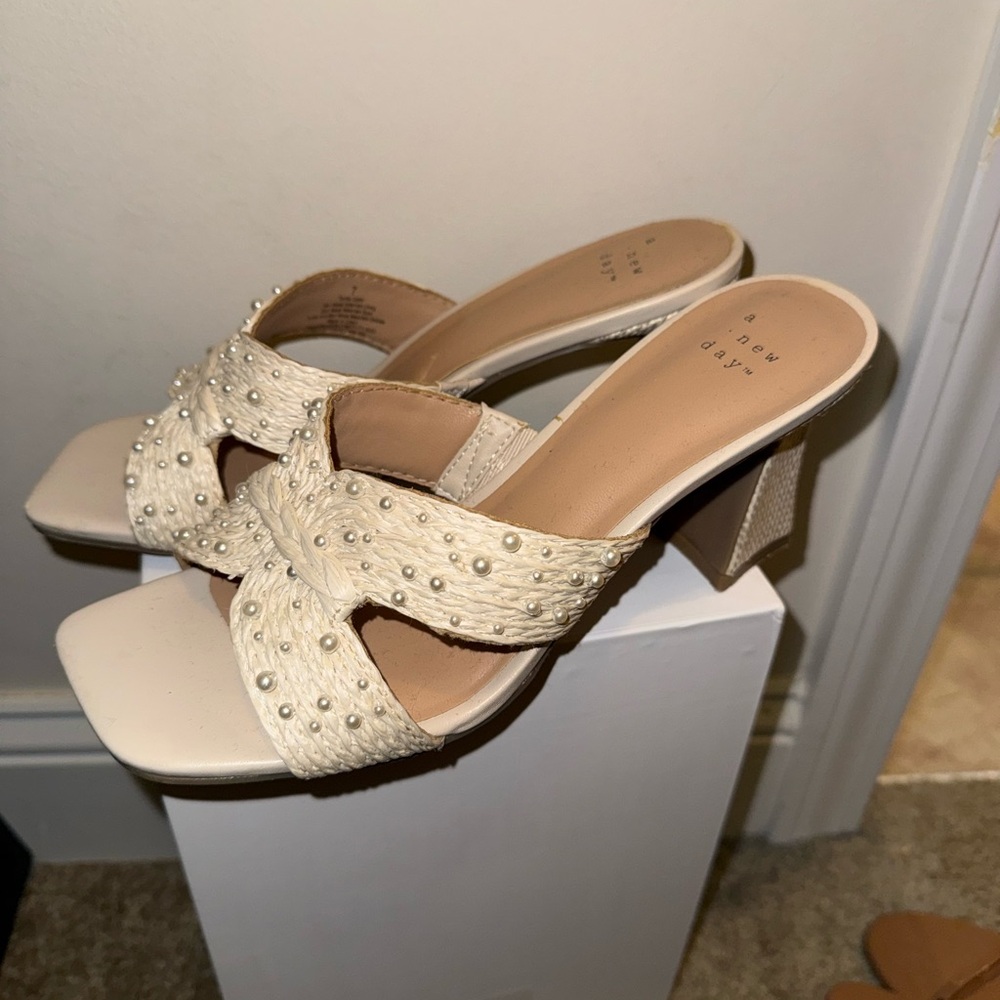 a new day Cream Heeled Sandals with Studded Design